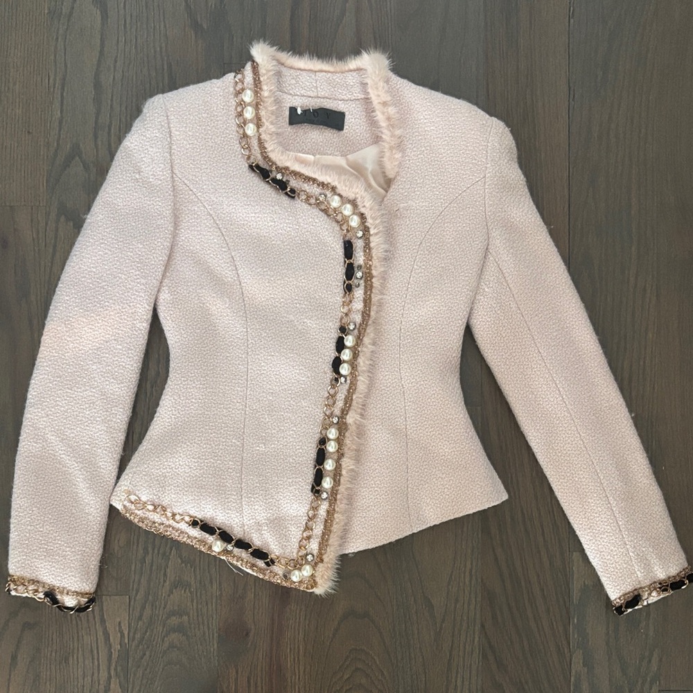 TOV Holy G Inc. Elegant Cream Women's Jacket with Sequin Trim, Size 38